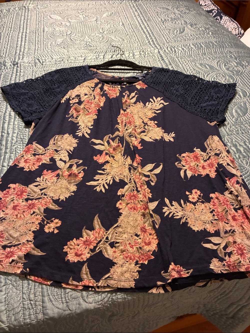 Lucky Brand Navy Floral Crochet Accent Top